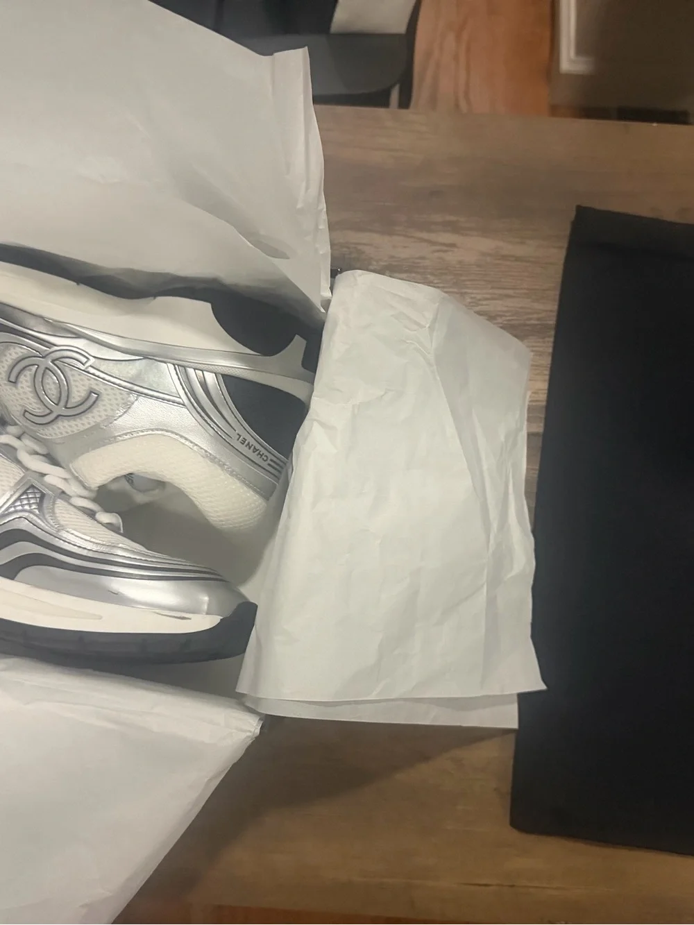 CHANEL Silver & White Logo Runner Sneakers